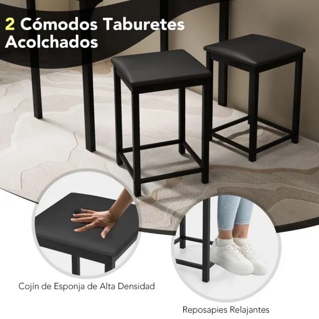 Conjunto de mesa de bar de 3 peças com 1 mesa e 2 bancos de bar estofados com apoio para os pés para sala de jantar, cozinha ou sala de estar, na cor