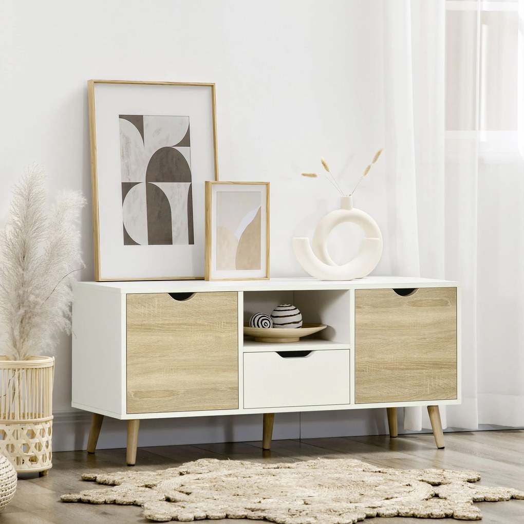 HOMCOM Móvel de TV com Gaveta 2 Portas e Prateleira Mesa de TV para Televisores de até 50 Polegadas Aparador de Sala de Estar 110x40x50cm Branco e Madeira