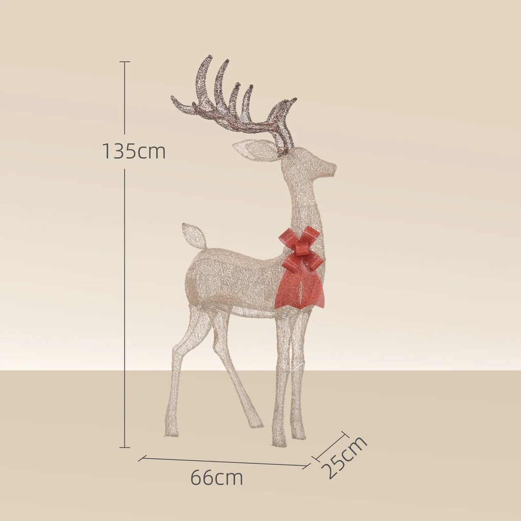 Reno Luminoso de Natal Decoração de Natal com 137 LEDs Branco Quente Iluminação Natalícia 66x25x135 cm Dourado