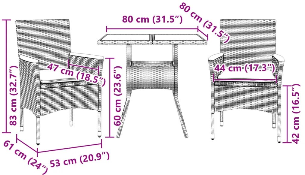 3 pcs conjunto jantar jardim com almofadões vime PE/vidro bege
