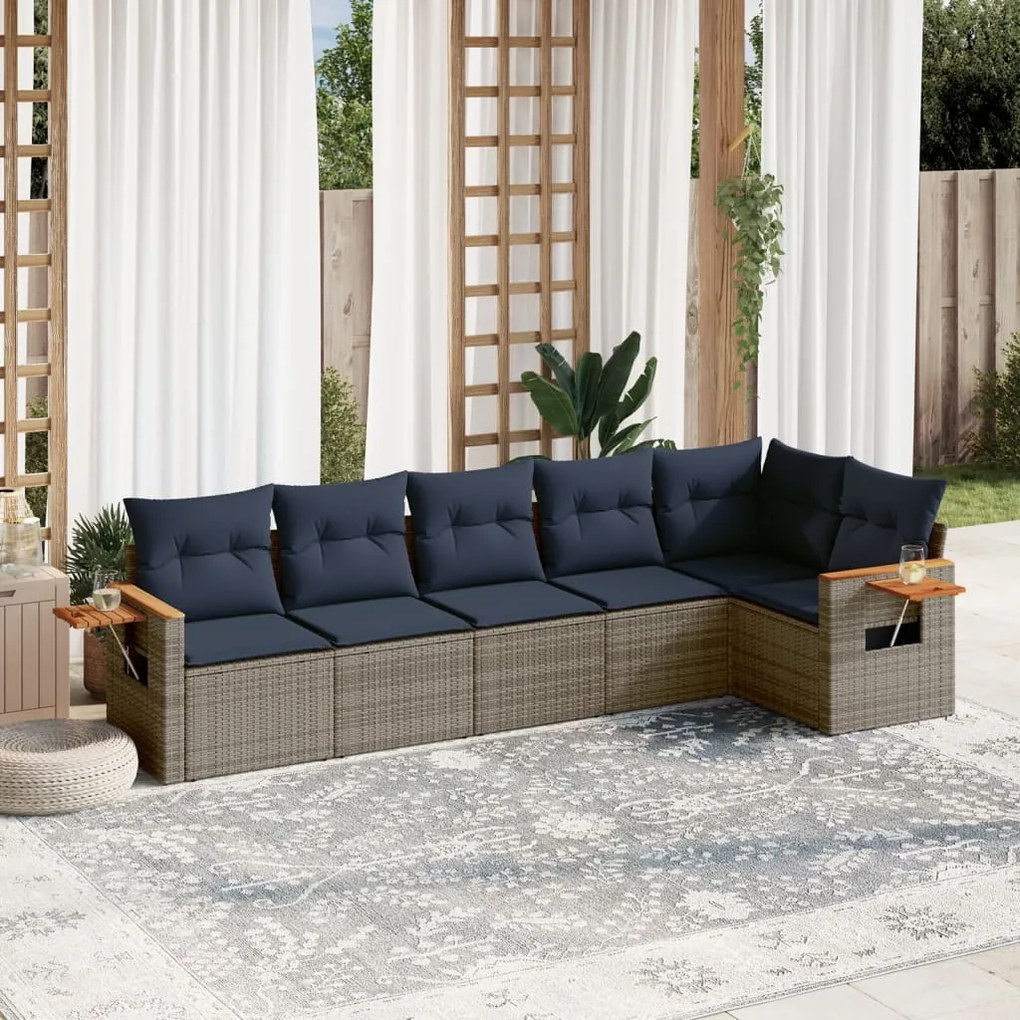 6 pcs conjunto sofás p/ jardim c/ almofadões vime PE cinzento