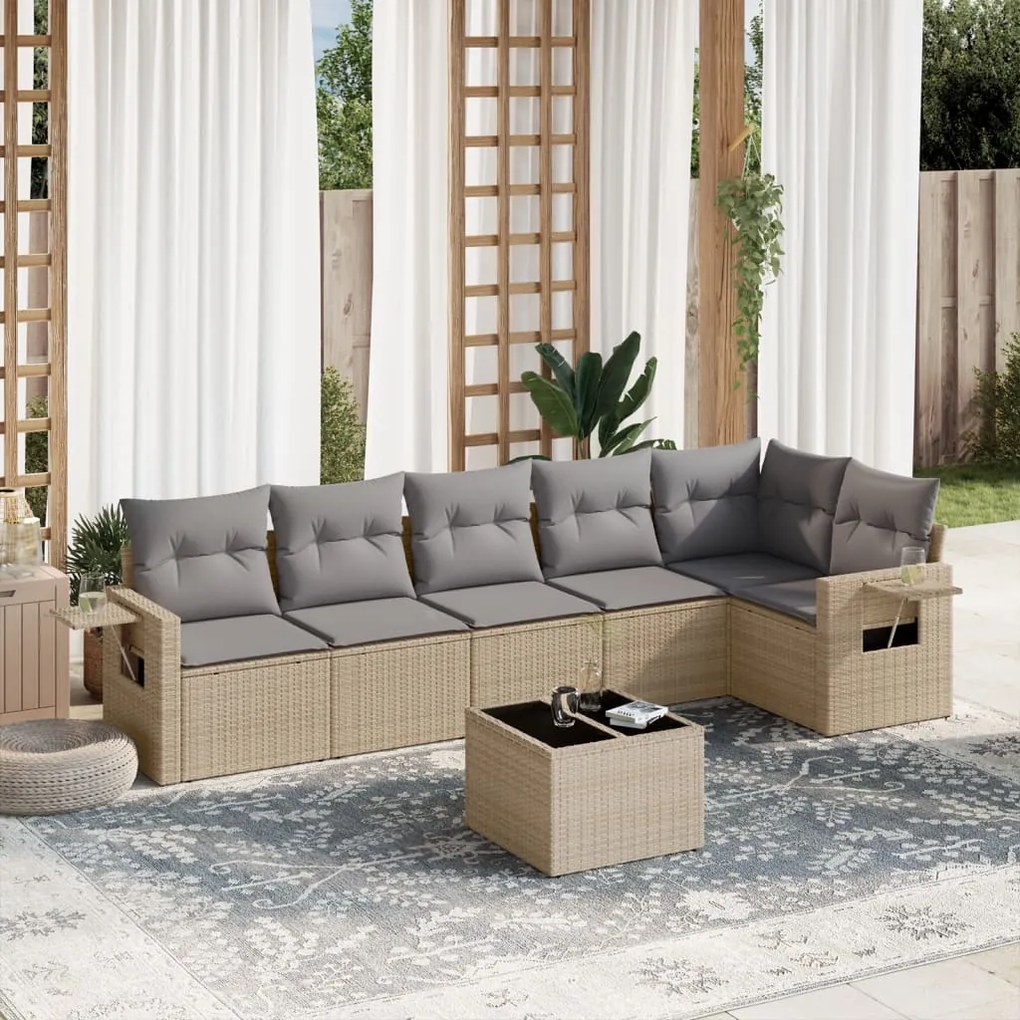 7 pcs conjunto de sofás p/ jardim com almofadões vime PE bege
