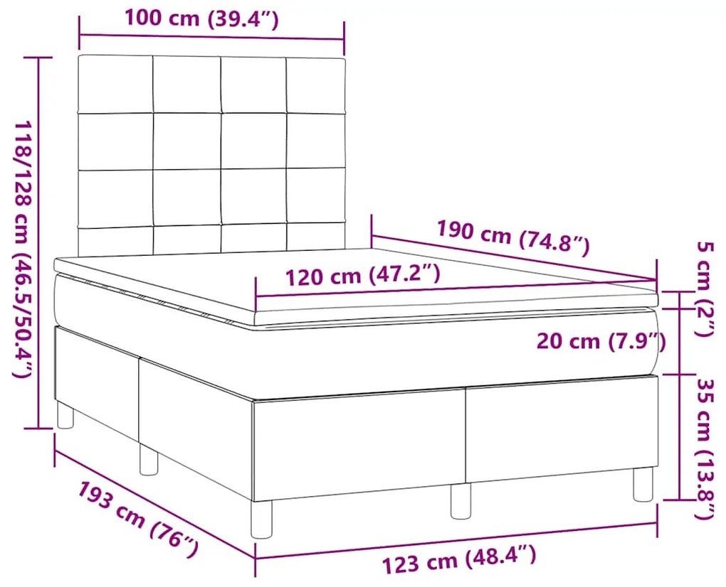 Cama box spring c/ colchão e LED 120x190 cm tecido cinza-claro