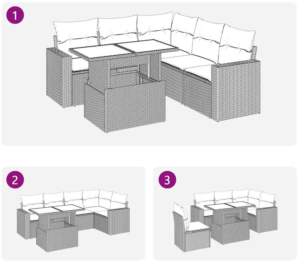 6 pcs conj. sofás jardim com almofadões vime PE cinzento-claro