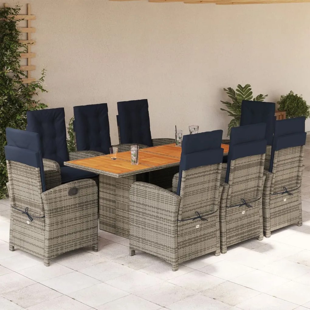 vidaXL 9 pcs conjunto de jantar p/ jardim com almofadões vime PE bege
