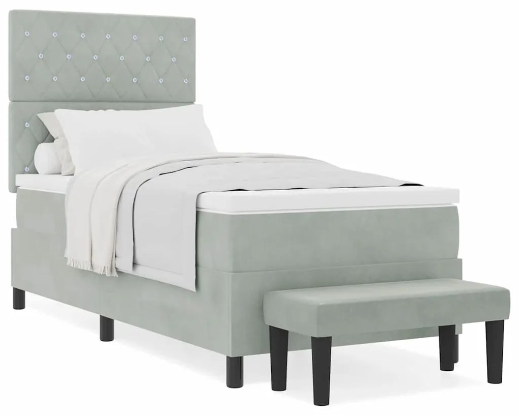 Cama Box Spring com Colchão &amp; Banco Cinzento-claro 90x200 cm Veludo