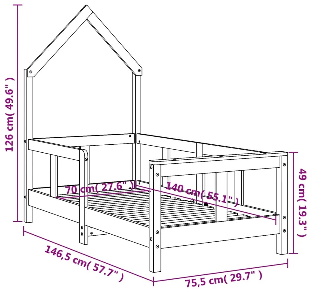 Estrutura de cama infantil 70x140 cm pinho maciço preto