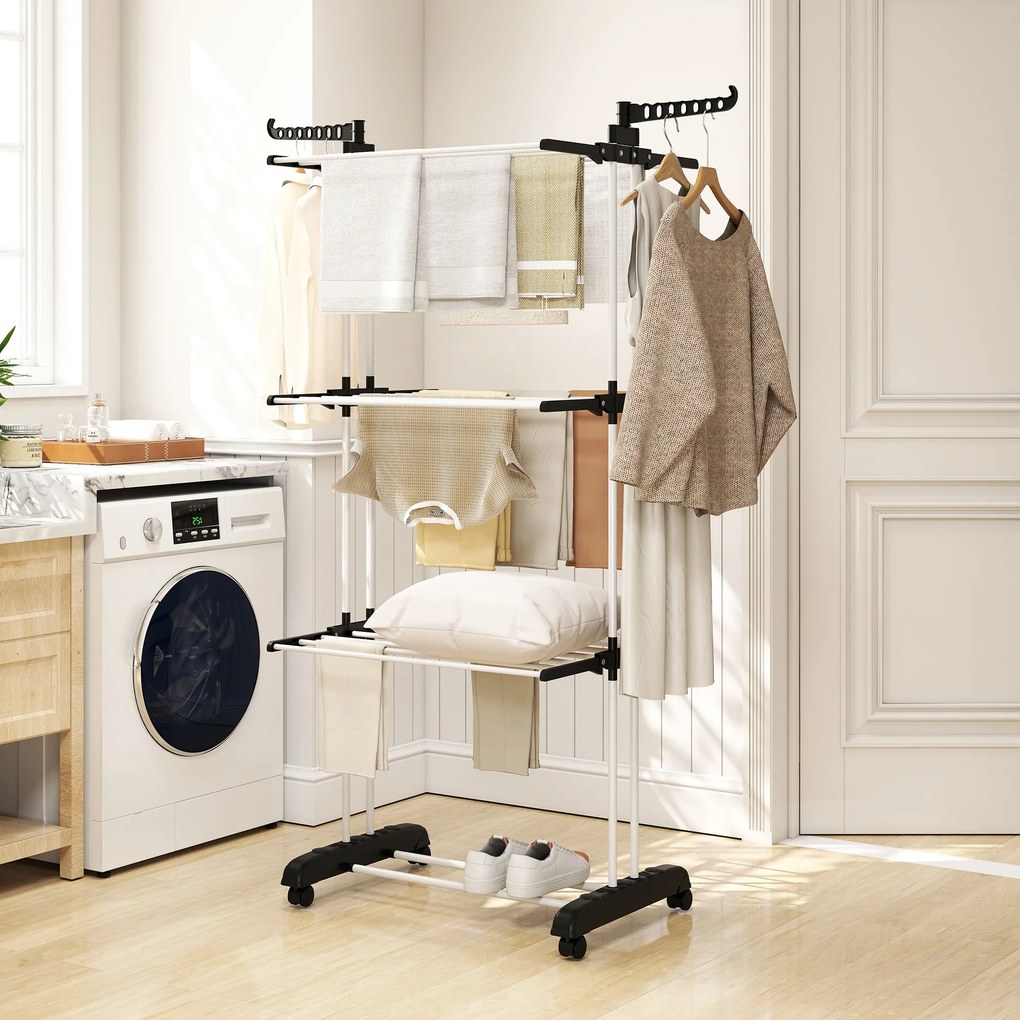 Estendal Dobrável para Roupa com Rodas Estendal Vertical de Aço com 3 Níveis Laterais Dobráveis 73x64x177cm Preto e Branco