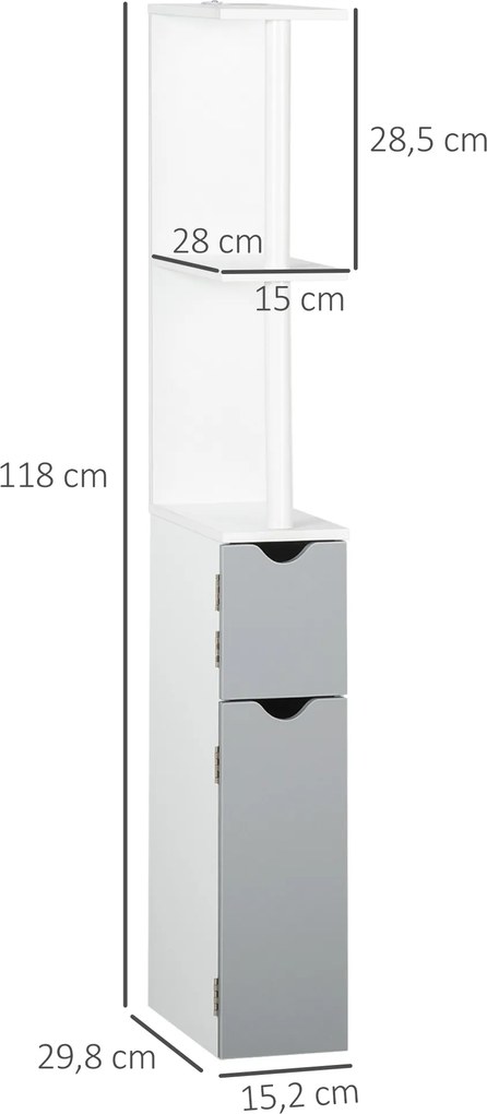 Coluna Casa de Banho com 2 Portas e 2 Prateleiras Abertas Estilo Moderno 15,2x29,8x118cm Branco e Cinza