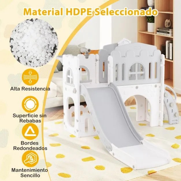 Escorrega infantil 9 em 1 com cesto de basquetebol, telescópio, ponte suspensa e túnel para 1+ anos 176 x 138 x 80 cm cinzento e branco