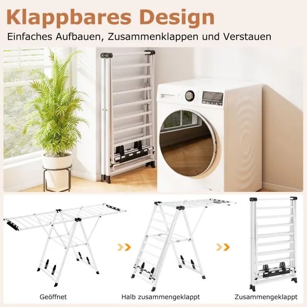 Estendal dobrável com braços ajustáveis 184 x 56 x 99–168 cm, pinças para meias e prateleira para sapatos, secador de roupa Branco