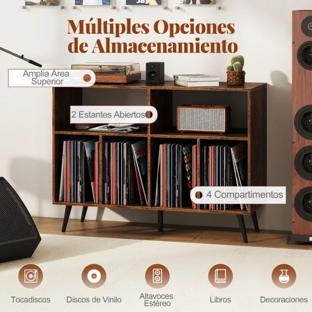 Suporte para gira-discos e discos vinil com 2 prateleiras abertas e 4 compartimentos para sala de estar ou quarto 100 x 40 x 74,5 cm Castanho e preto
