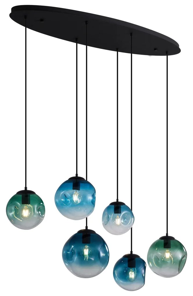 Candeeiro suspenso Art Deco preto com placa de teto oval e vidro verde e azul 6 luzes - Douglass