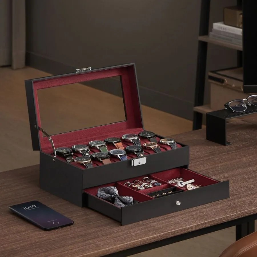 Caixa para relógios com 12 compartimentos e tampa de vidro 18,5 x 32,5 x 13,5 cm, forro interior em vermelho vinho, preta