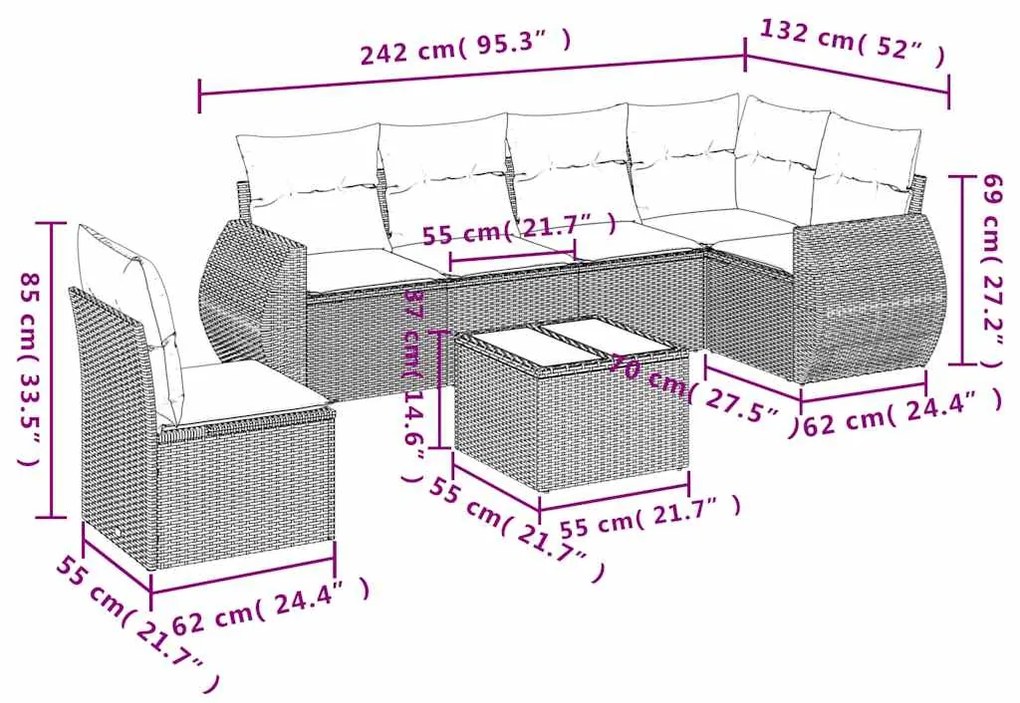 7 pcs conjunto de sofás p/ jardim com almofadões vime PE bege