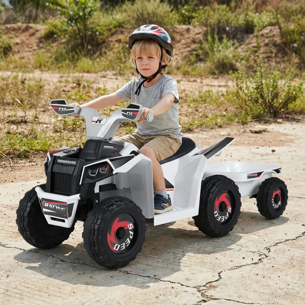 Moto 4 elétrico 6V para crianças 104 x 39 x 48 cm com reboque traseiro Branca