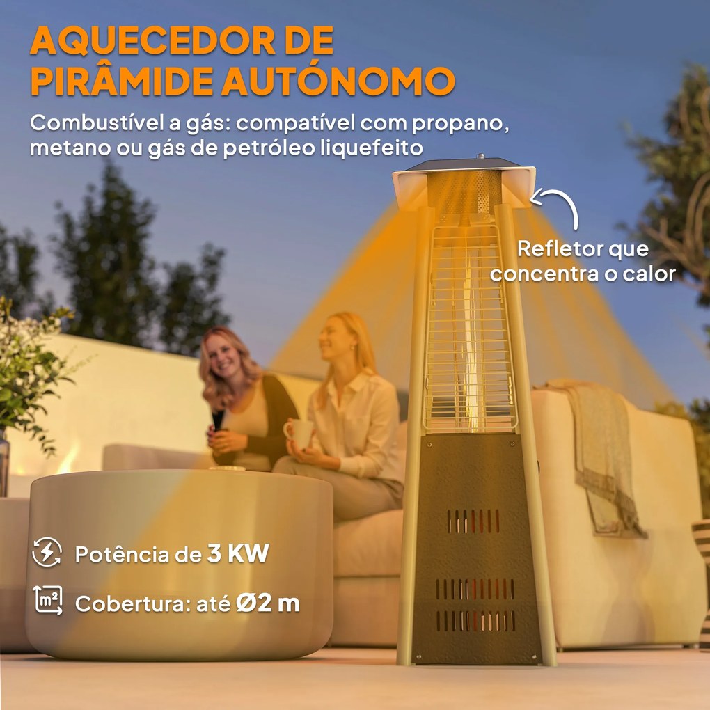 Aquecedor a Gás Butano 3 KW Aquecedor de Exterior com Temperatura Ajustável Ignição por Pressão 23x23x89 cm Prata e Bronze