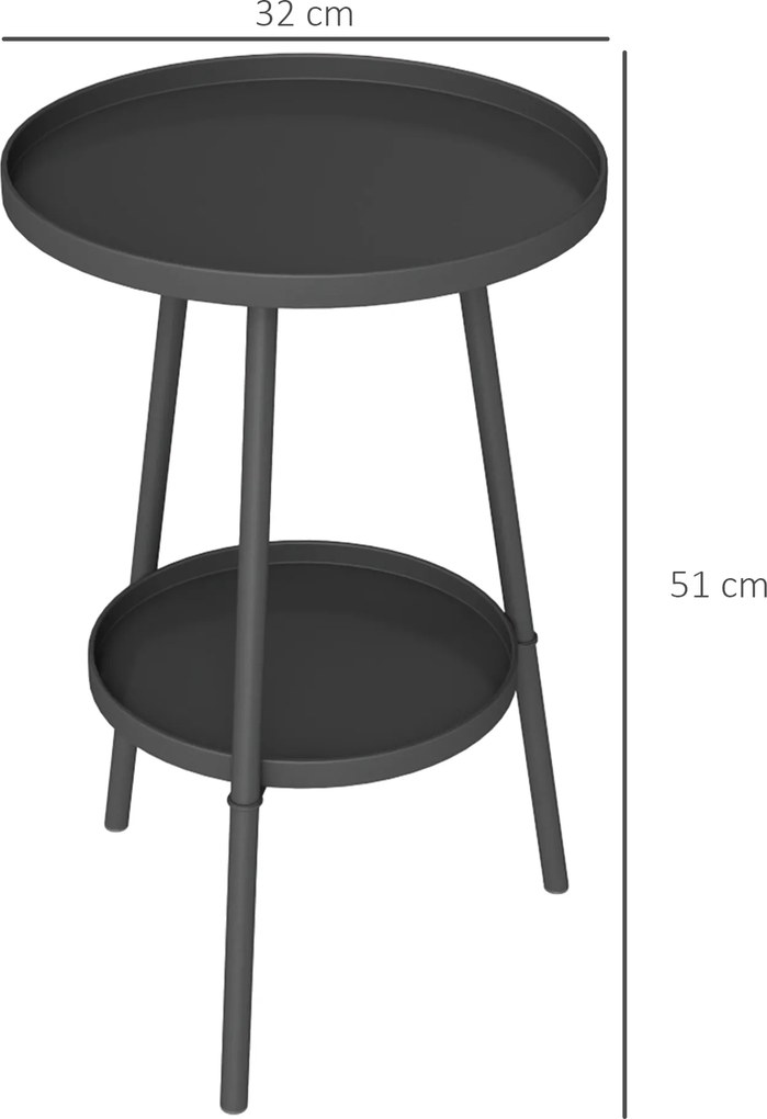 Mesa de Jardim Redonda de 2 Níveis Mesa de Exterior Ø32x51 cm com Bandeja Inferior e Estrutura de Metal Preto