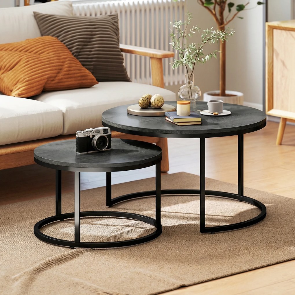 Conjunto de 2 mesas baixas encaixáveis e empilháveis, de design industrial, com pés em metal preto
