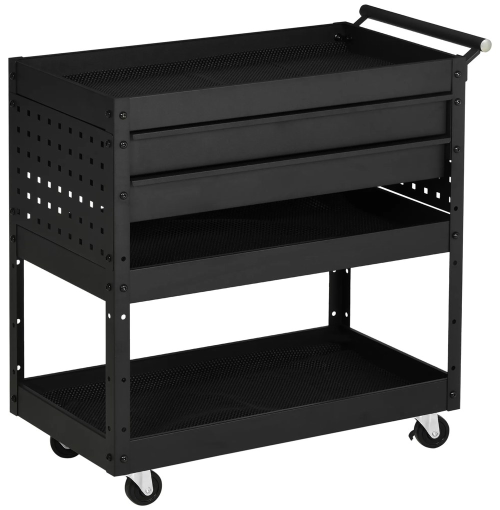 Carro de Ferramentas para Oficina com Rodas Carga 70kg Carro de Ferramentas com 2 Gavetas e 3 Prateleiras de Armazenamento para Garagem Oficina Mecâni