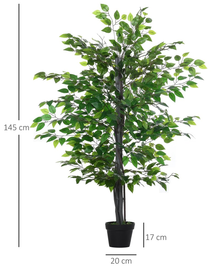 Ficus artificiais com 145 cm de altura 756 folhas com vaso para decoração interior e exterior verde