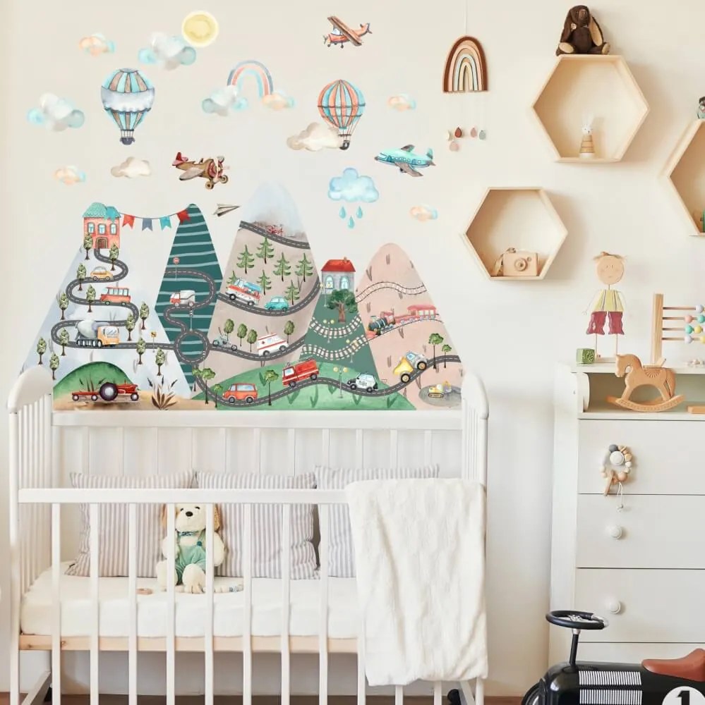 Stickers parede infantil - Colinas com carrinhos e balões