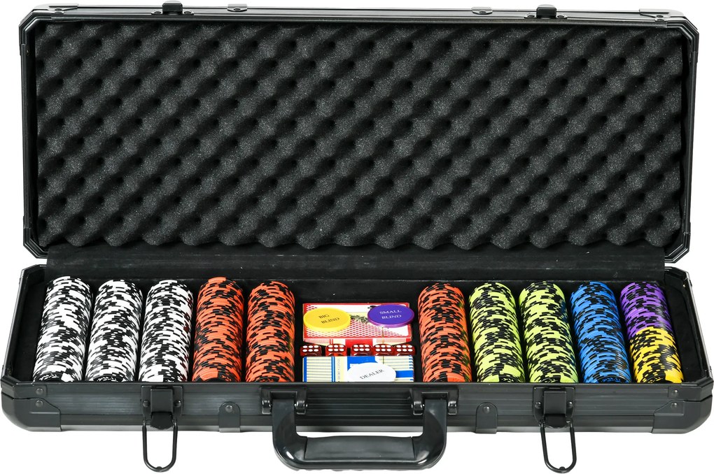 SPORTNOW Set de Poker Completo, Fichas de Poker com 500 Fichas, 2 Baralhos, 5 Dados, Botão Dealer e Maleta em Alumínio, Preto | Aosom Portugal