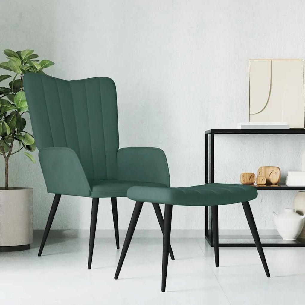 vidaXL Cadeira de descanso com banco veludo verde-escuro