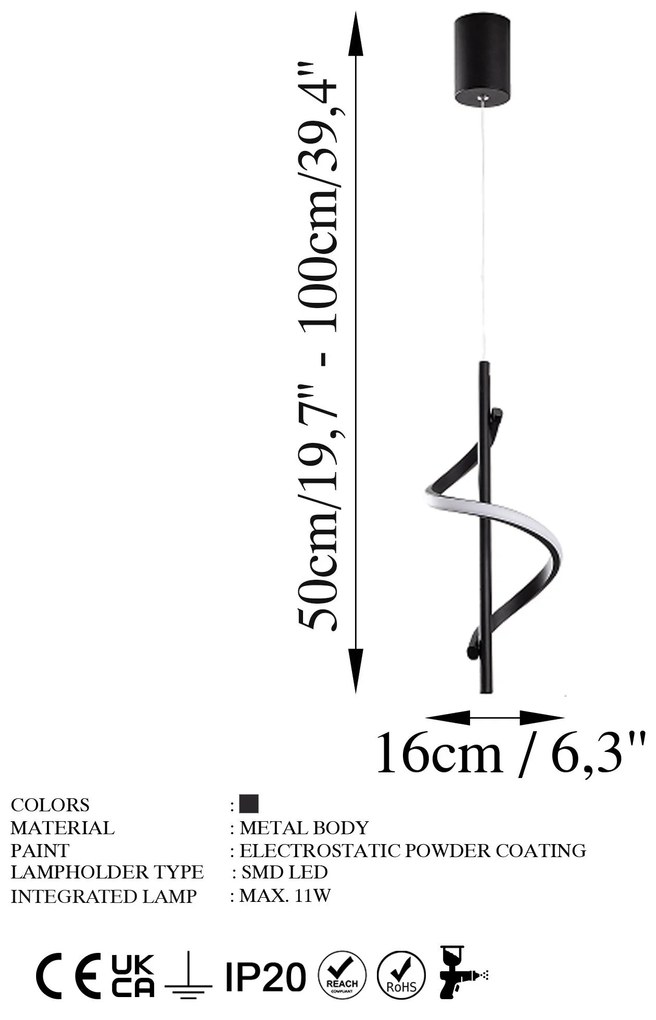 Candeeiro de Teto Likma – Preto – 16x50-100x16 cm