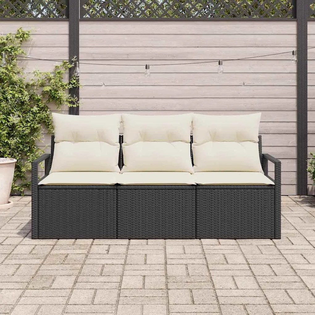 Conjunto de Sofá de Jardim 3 Peças com Almofadas Pretas em Rattan Sint