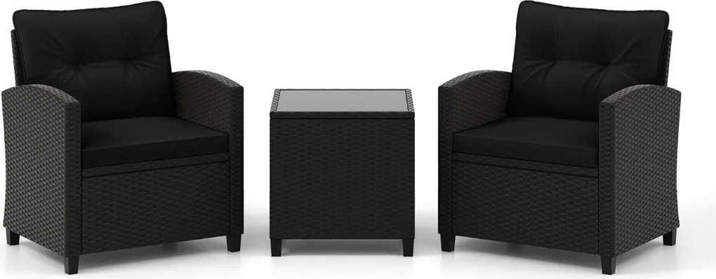 Conjunto de móveis de jardim de 3 peças de rattan com almofadas de assento e encosto e Mesa de centro de vidro temperado preto / preto