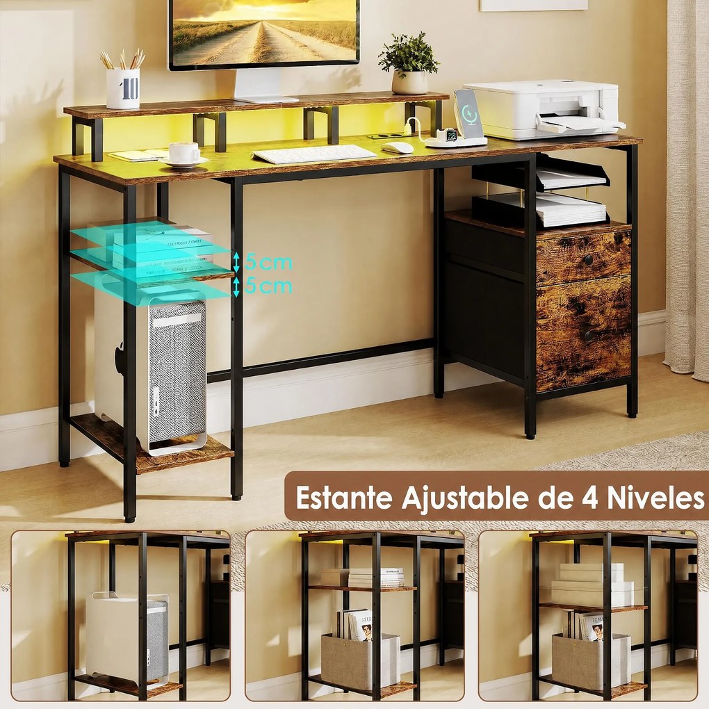 Secretária Gaming, 147,5 x 45,5 x 86 cm, Estação de Carregamento Integrada, Castanho