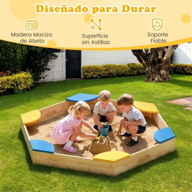 Caixa de areia hexagonal de madeira para crianças 140 x 122 x 14 cm combinada com vaso aberto e 6 assentos para pátio exterior para crianças com mais