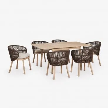 Conjunto De Mesa Extensível Karvia 100-160x100 Cm E 6 Cadeiras De Jantar Em Madeira De Acácia E Corda Trançada Capri Castanho Chocolate - Sklum