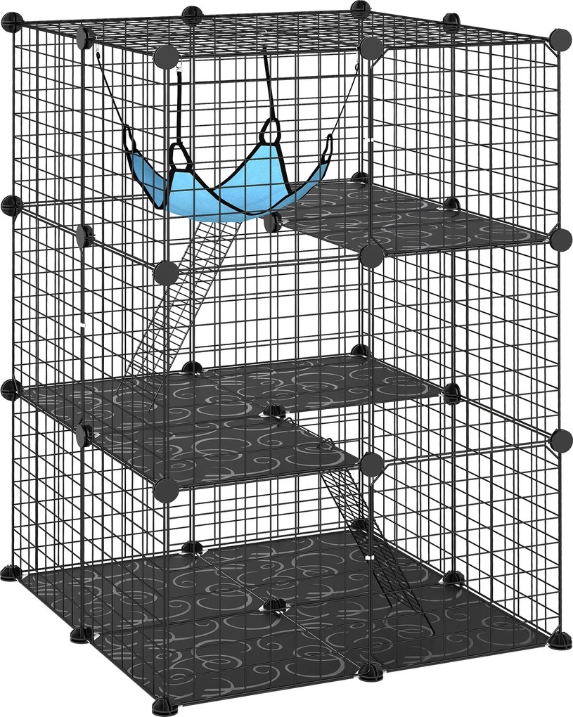 PawHut Gaiola Interior para Gatos de 3 Níveis em Aço com 3 Portas, 2 Escadas e Rede, 70x70x105 cm, Preto | Aosom Portugal