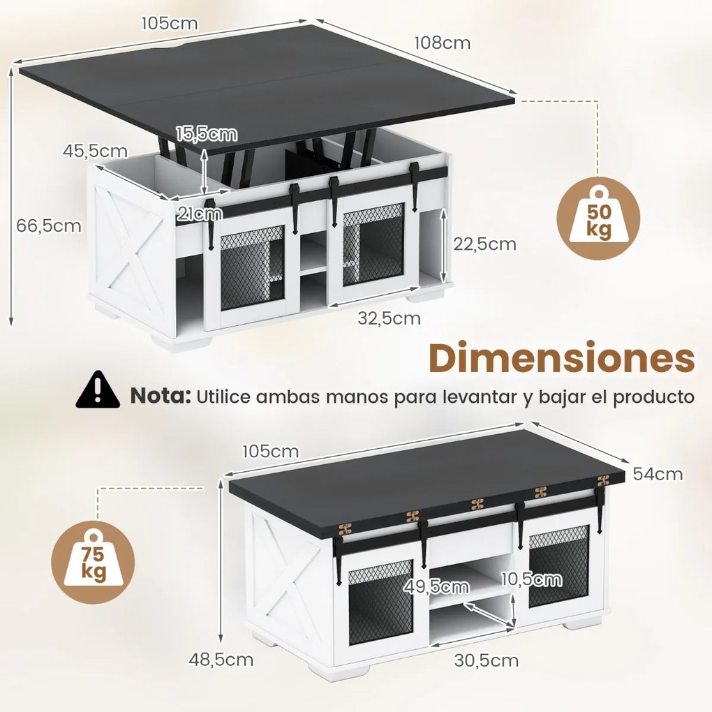 Mesa de centro 105 x 54 x 48,5 cm com tampo elevável estilo rústico, 2 portas deslizantes, 3 compartimentos ocultos, sala de estar, painel branco Pret