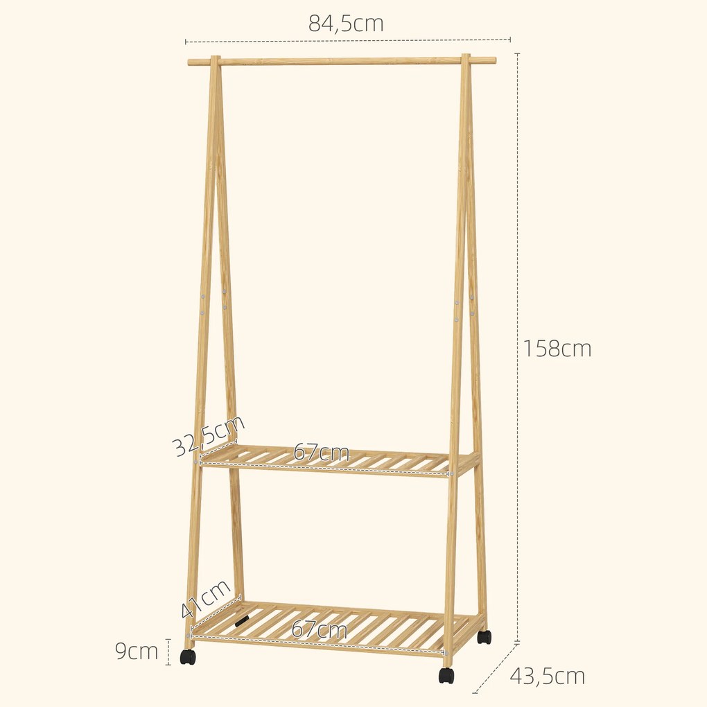 Charriot de Bambu para Roupa Charriot para Roupa com Rodas 2 Prateleiras Abertas e 2 Ganchos 84,5x43,5x158 cm Madeira