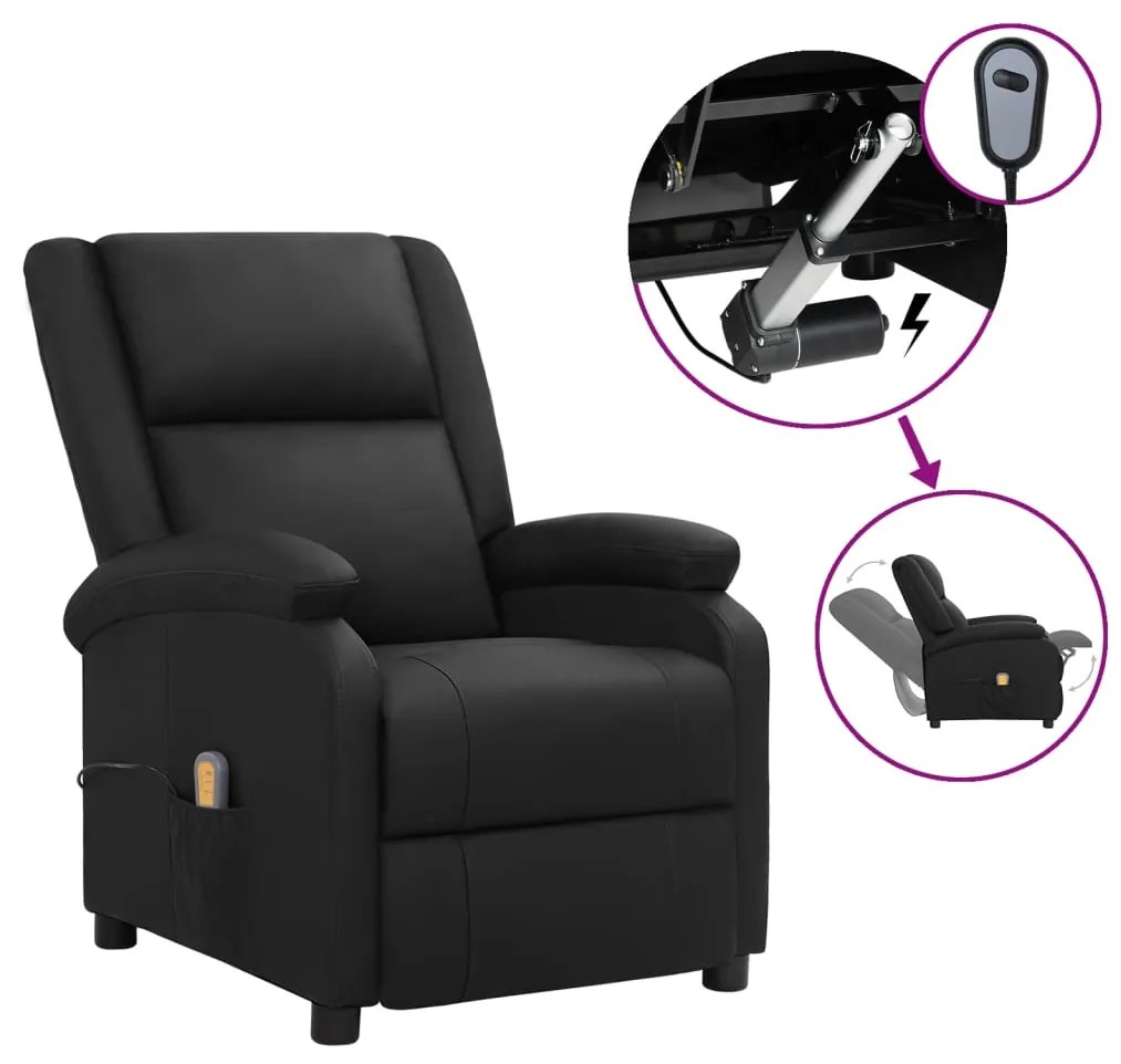 vidaXL Poltrona massagens reclinável elétrica couro genuíno preto