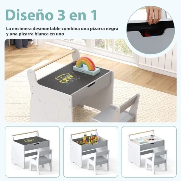 Conjunto de mesa e cadeira infantil de madeira 2 em 1 para crianças com tabuleiro removível, cinzento e branco