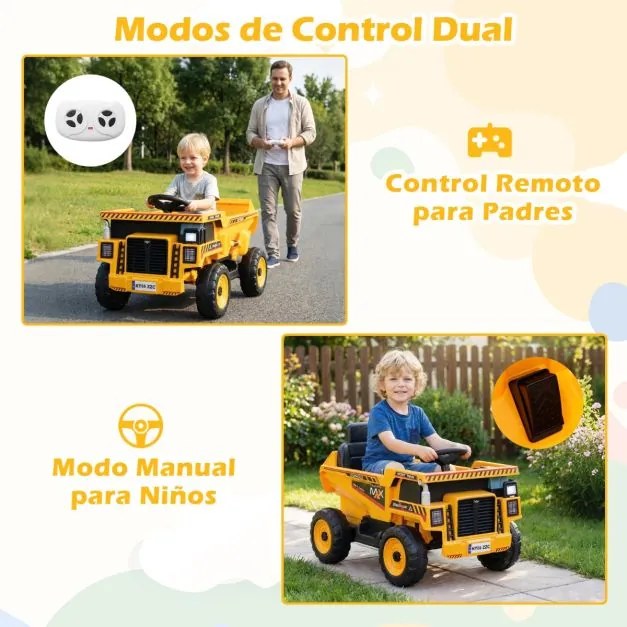 Camião basculante elétrico de 24 V para criançasde construção de 4 rodas com caçamba basculante Pá Controle remoto Música Amarelo