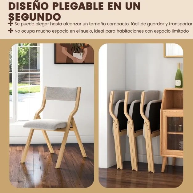 Conjunto de 2 cadeiras dobráveis (MESA NÃO INCLUIDA) de madeira com assento acolchoado em tecido de linho, sem braços, para convidados, 48 x 60 x 78 c