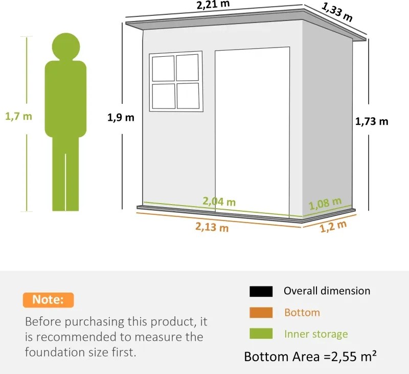 Abrigo de Jardim Exterior 2,55 m² 221x133x190 cm com Janela Porta com Fechadura e Ventilações Cinzento Escuro