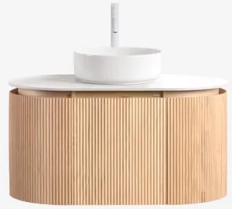 Conjunto De Móvel De Casa De Banho Suspenso 90x50 Cm Em Madeira Carsone Madeira Natural & Sem Unidade Auxiliar & Cerâmica Redonda Branca Ø40 Cm Lenka