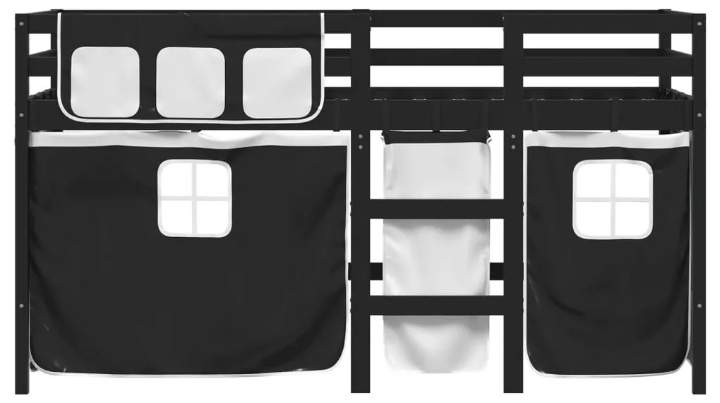 Cama alta criança c/ cortina 80x200cm pinho maciço branco/preto