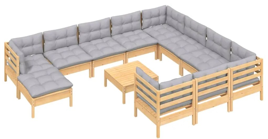 12 pcs conjunto lounge de jardim c/ almofadões cinza pinho