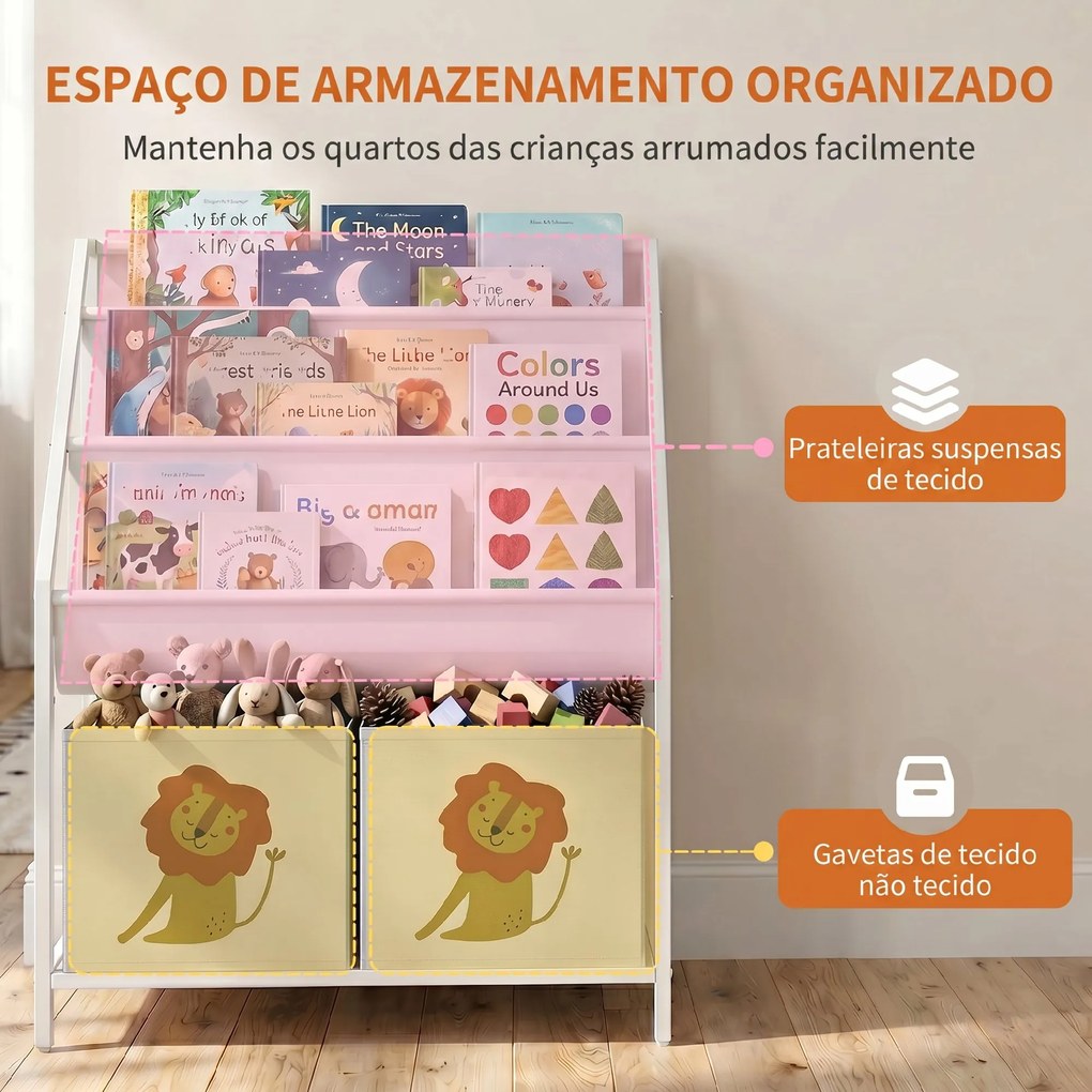 Estante Infantil para Livros 4 Níveis com 3 Prateleiras e 2 Gavetas em Tecido, Design Leão, Branco