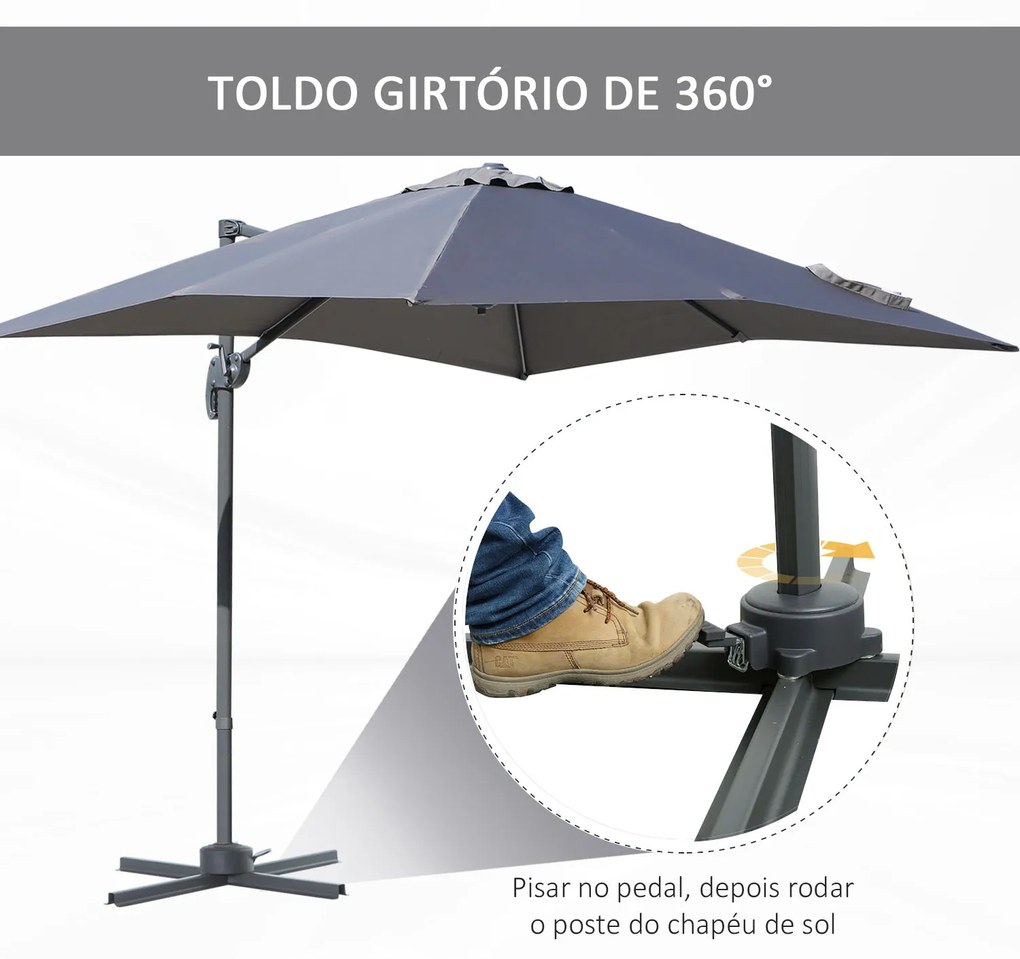 HOMCOM Chapéu de Sol de Jardim 245x245x248cm Chapéu de Sol Excêntrico com Rotação 360° Inclinação de 5 Níveis com Manivela e Ventilação para Pátio Terraço Cinza
