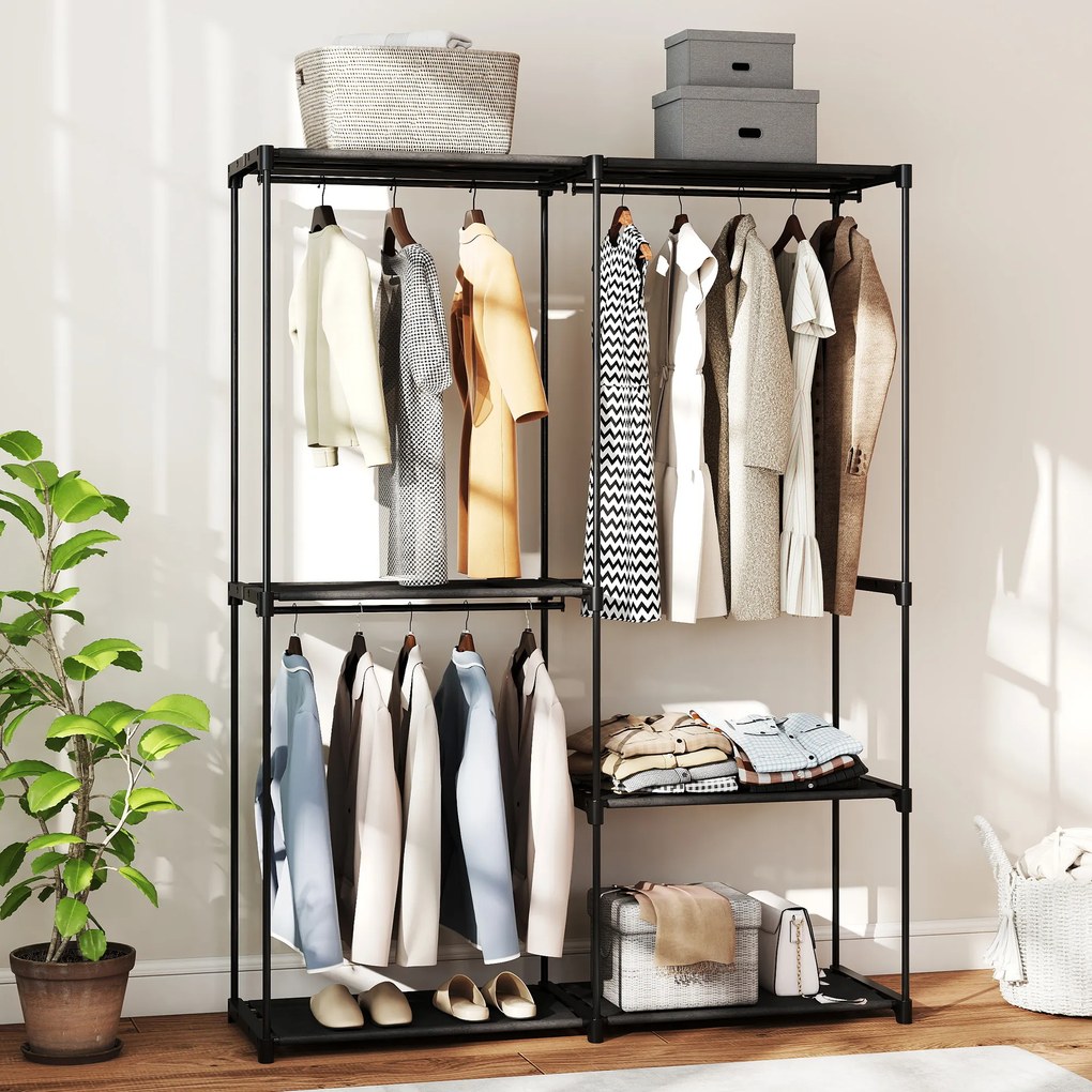Guarda roupa aberto portátil 142 x 43 x 185 cm com 3 varões para pendurar roupa e 4 prateleiras, preto