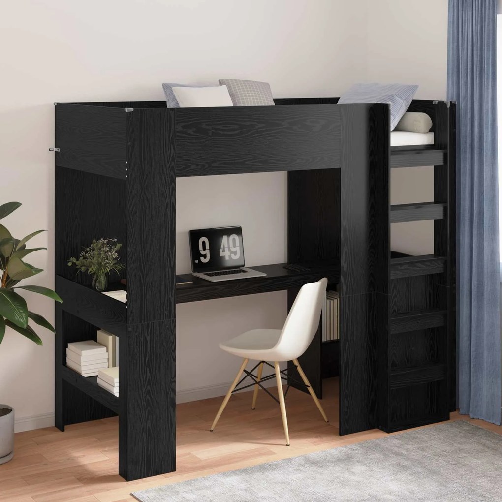 vidaXL Estrutura de Cama Loft com Mesa Carvalho Preto 90 x 200 cm
