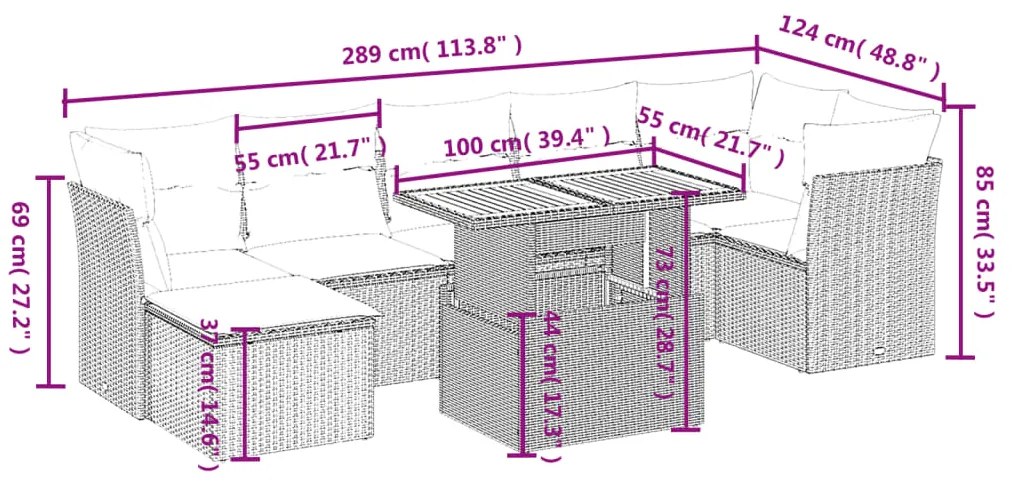 8 pcs conjunto sofás de jardim c/ almofadões vime PE cinzento